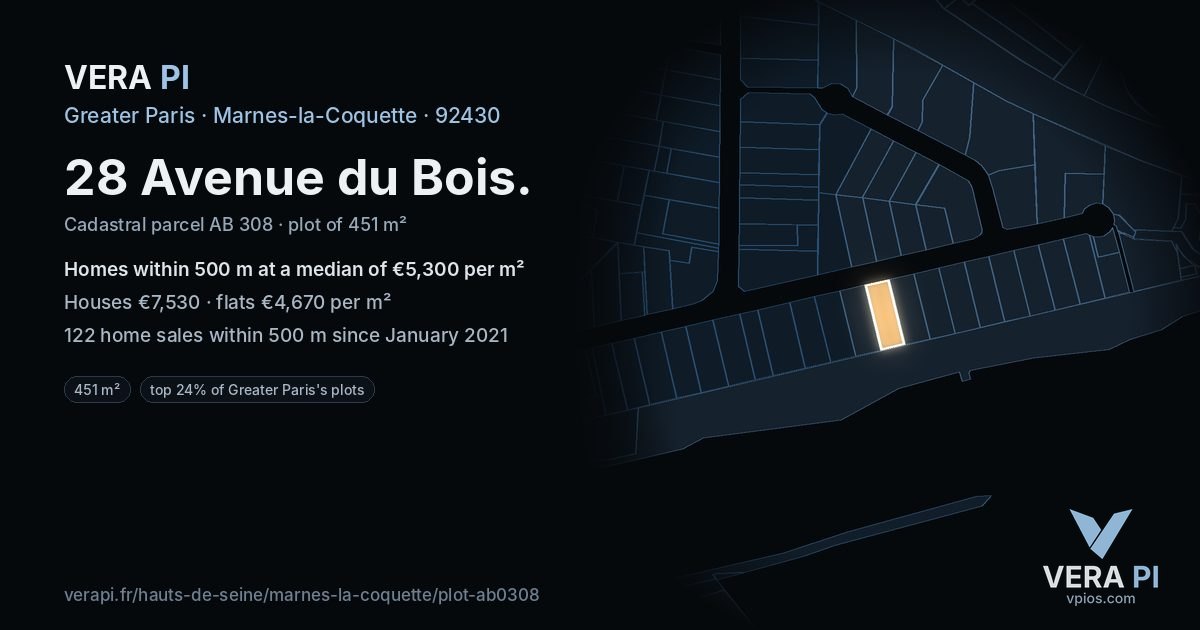 28 Avenue du Bois, Marnes-la-Coquette at night – the plot lit, the parcels around coloured by the prices near them