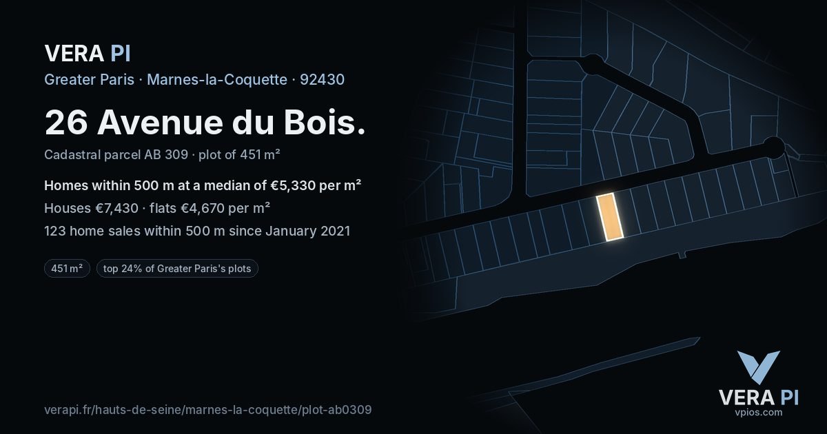 26 Avenue du Bois, Marnes-la-Coquette at night – the plot lit, the parcels around coloured by the prices near them