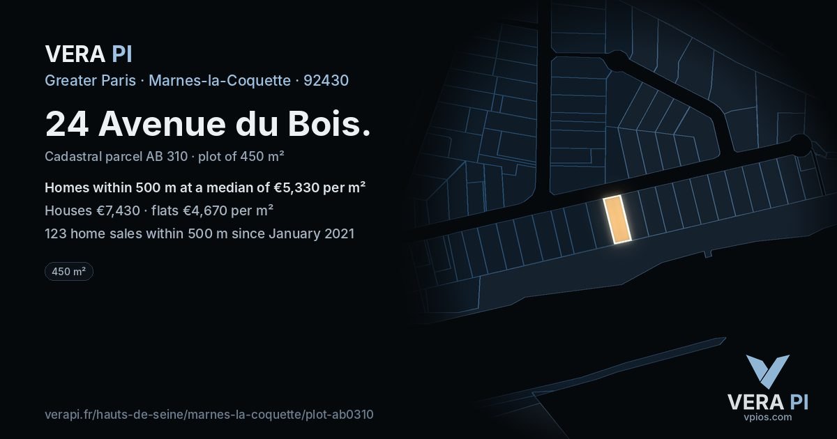 24 Avenue du Bois, Marnes-la-Coquette at night – the plot lit, the parcels around coloured by the prices near them