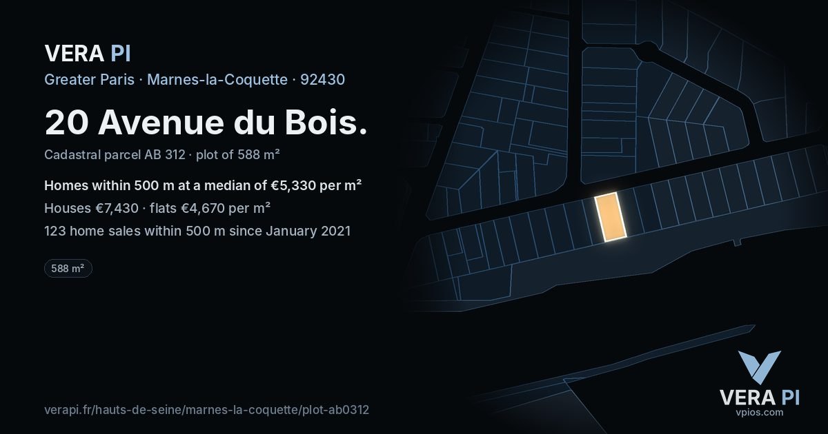 20 Avenue du Bois, Marnes-la-Coquette at night – the plot lit, the parcels around coloured by the prices near them