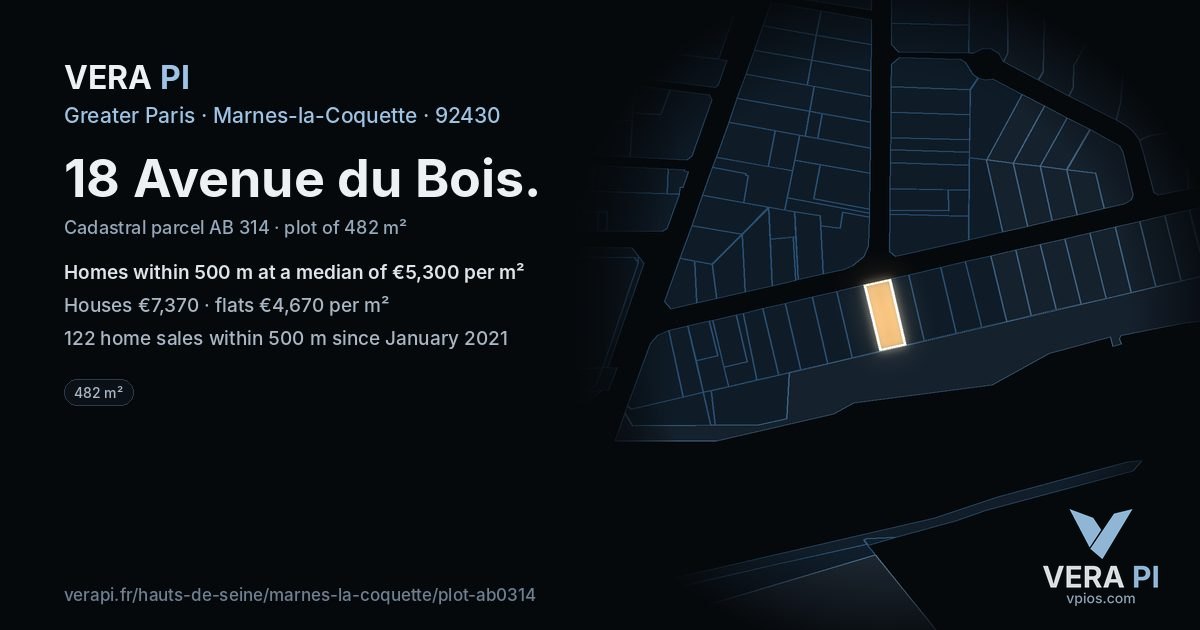 18 Avenue du Bois, Marnes-la-Coquette at night – the plot lit, the parcels around coloured by the prices near them
