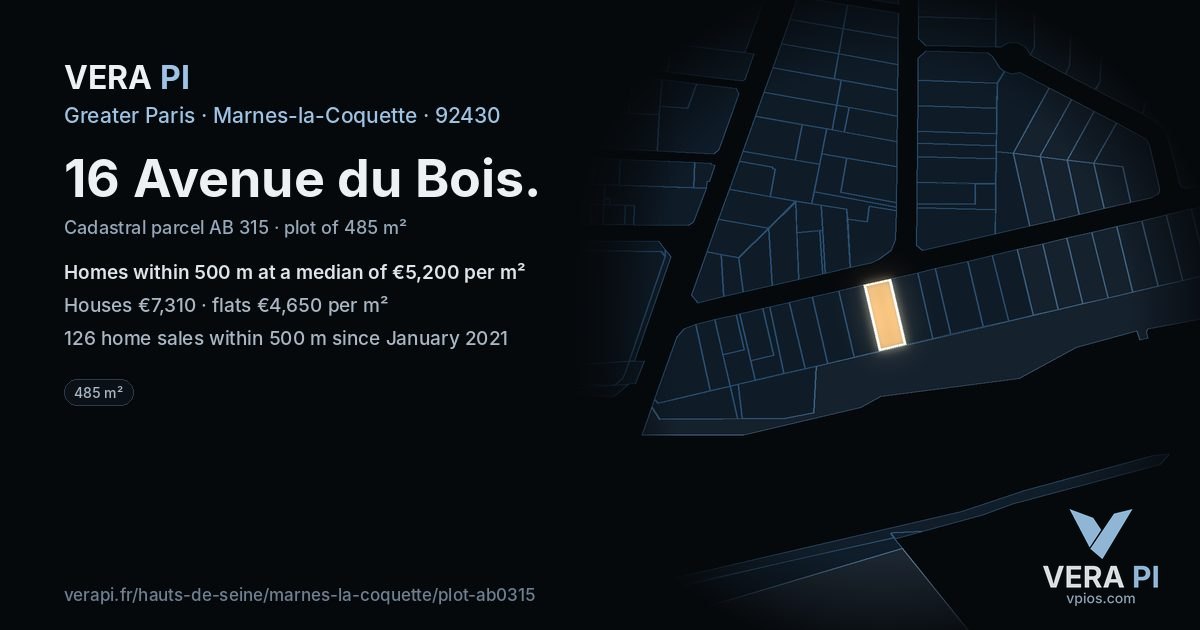 16 Avenue du Bois, Marnes-la-Coquette at night – the plot lit, the parcels around coloured by the prices near them