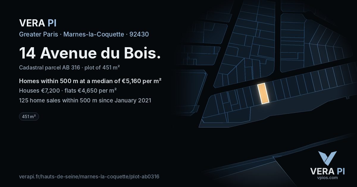 14 Avenue du Bois, Marnes-la-Coquette at night – the plot lit, the parcels around coloured by the prices near them