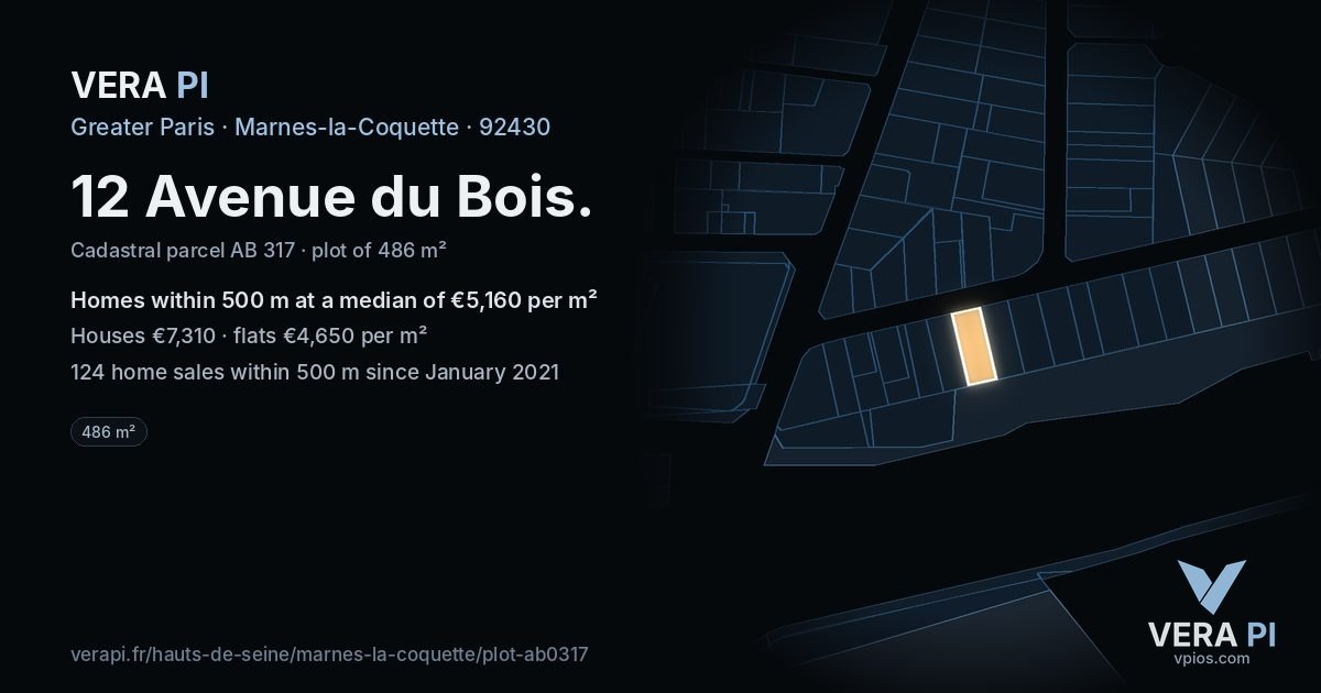 12 Avenue du Bois, Marnes-la-Coquette at night – the plot lit, the parcels around coloured by the prices near them