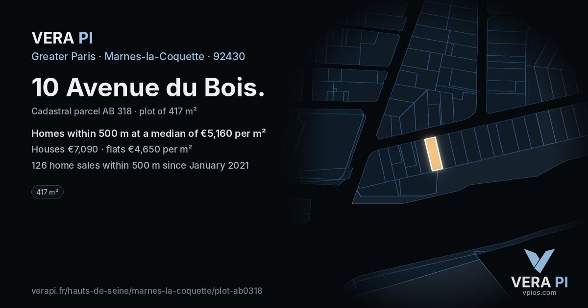 10 Avenue du Bois, Marnes-la-Coquette at night – the plot lit, the parcels around coloured by the prices near them