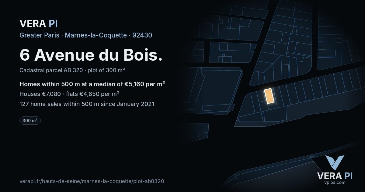 6 Avenue du Bois, Marnes-la-Coquette at night – the plot lit, the parcels around coloured by the prices near them