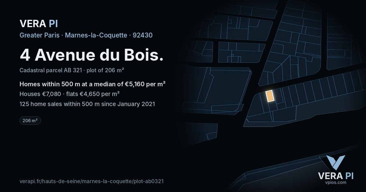 4 Avenue du Bois, Marnes-la-Coquette at night – the plot lit, the parcels around coloured by the prices near them