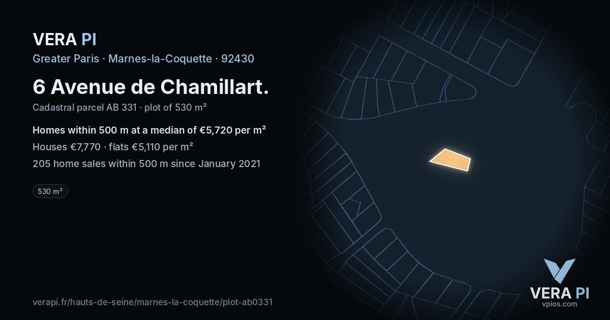 6 Avenue de Chamillart, Marnes-la-Coquette at night – the plot lit, the parcels around coloured by the prices near them