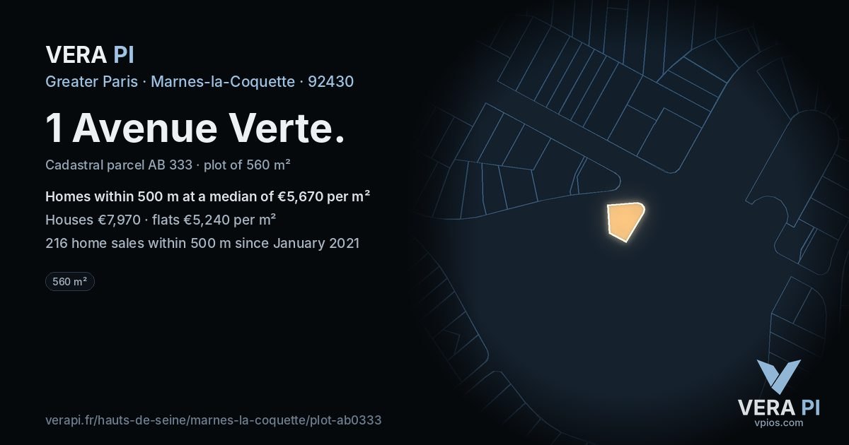 1 Avenue Verte, Marnes-la-Coquette at night – the plot lit, the parcels around coloured by the prices near them