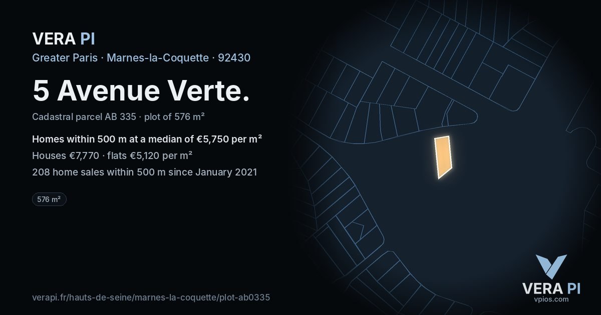 5 Avenue Verte, Marnes-la-Coquette at night – the plot lit, the parcels around coloured by the prices near them