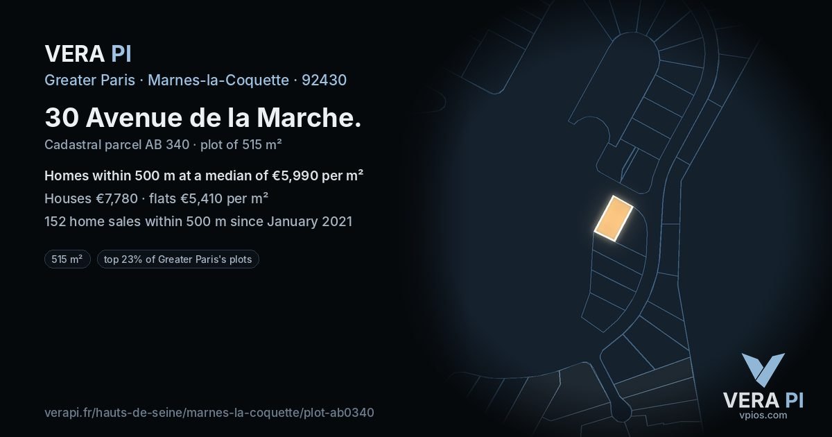 30 Avenue de la Marche, Marnes-la-Coquette at night – the plot lit, the parcels around coloured by the prices near them