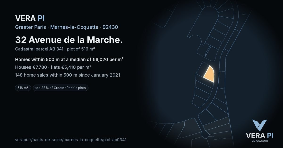 32 Avenue de la Marche, Marnes-la-Coquette at night – the plot lit, the parcels around coloured by the prices near them