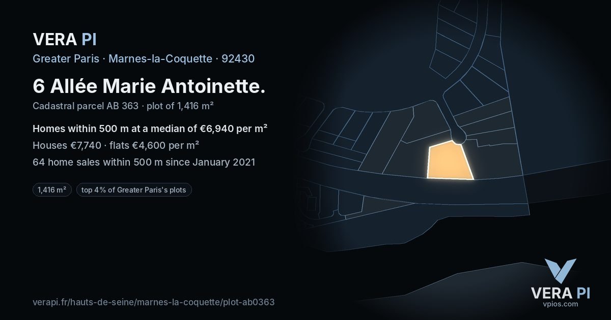 6 Allée Marie Antoinette, Marnes-la-Coquette at night – the plot lit, the parcels around coloured by the prices near them