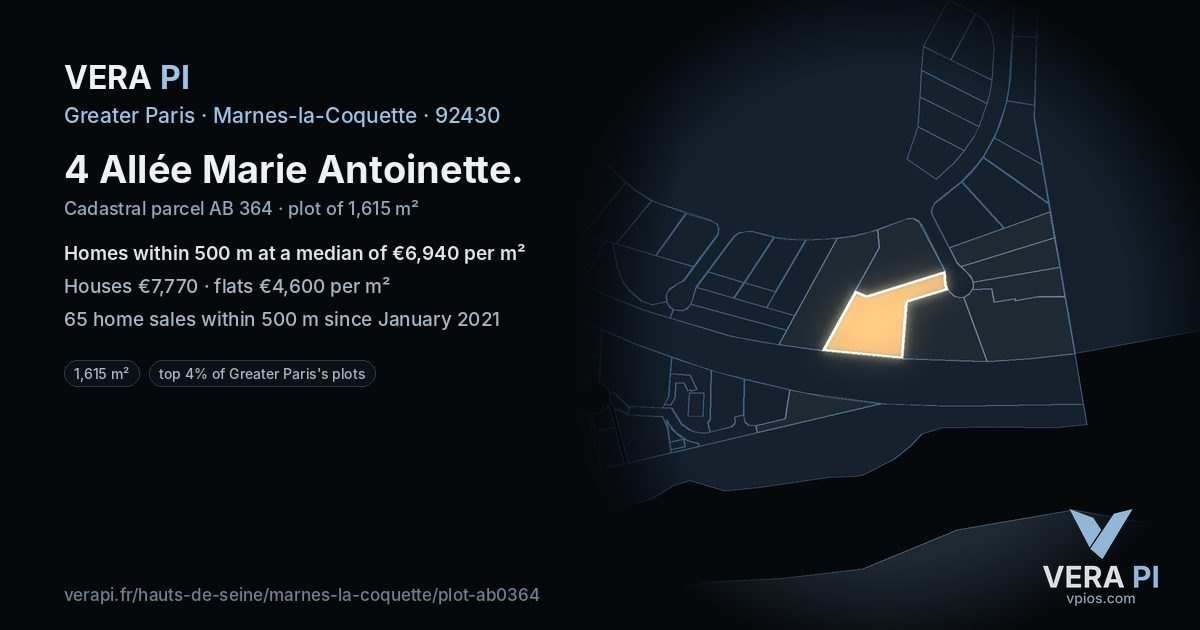 4 Allée Marie Antoinette, Marnes-la-Coquette at night – the plot lit, the parcels around coloured by the prices near them