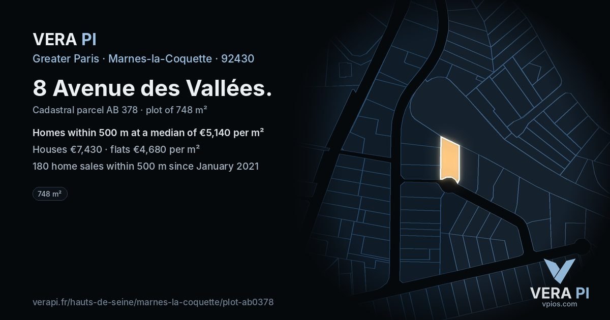 8 Avenue des Vallées, Marnes-la-Coquette at night – the plot lit, the parcels around coloured by the prices near them