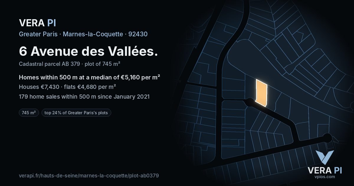 6 Avenue des Vallées, Marnes-la-Coquette at night – the plot lit, the parcels around coloured by the prices near them