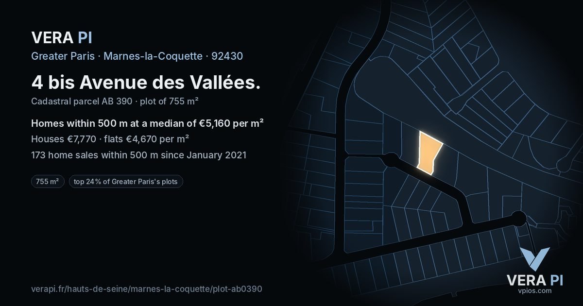 4 bis Avenue des Vallées, Marnes-la-Coquette at night – the plot lit, the parcels around coloured by the prices near them