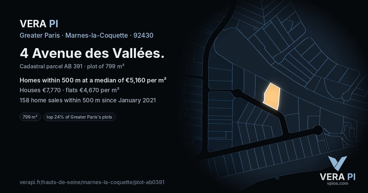 4 Avenue des Vallées, Marnes-la-Coquette at night – the plot lit, the parcels around coloured by the prices near them