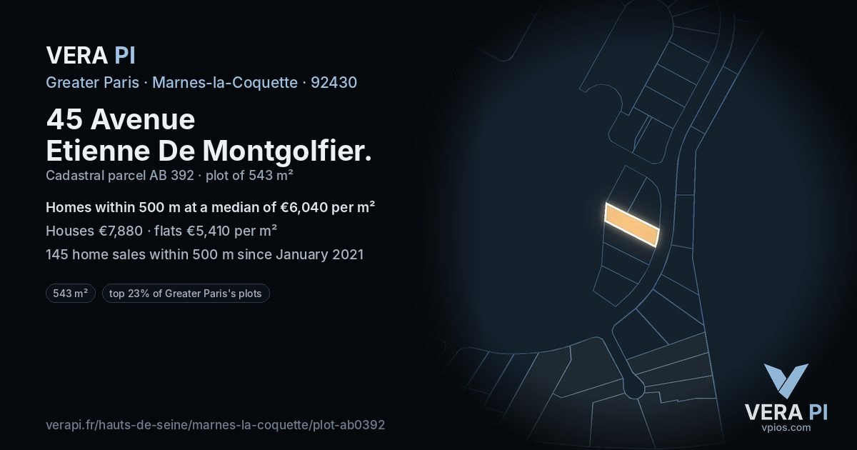 45 Avenue Etienne De Montgolfier, Marnes-la-Coquette at night – the plot lit, the parcels around coloured by the prices near them