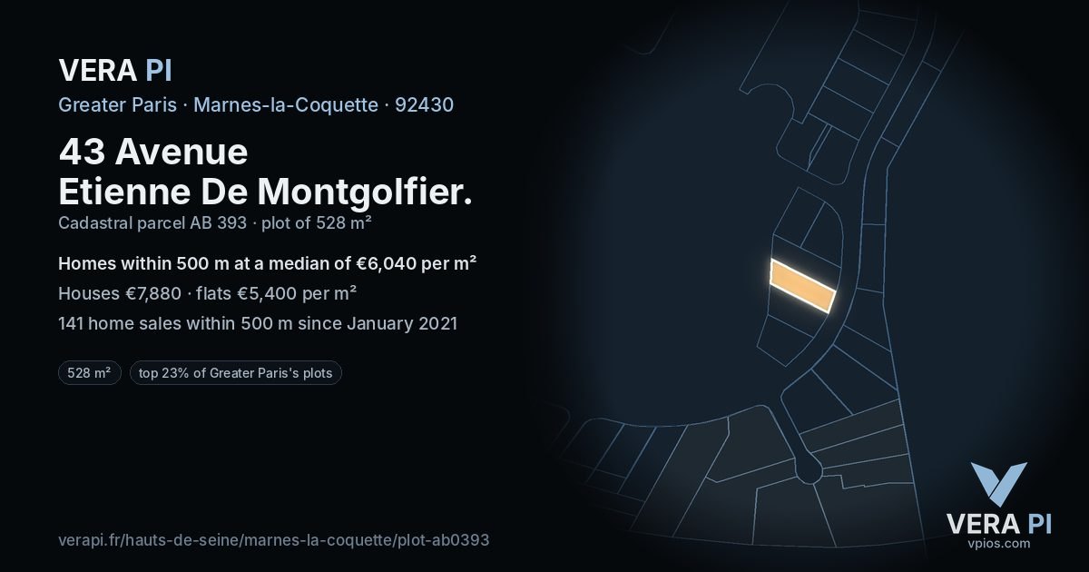 43 Avenue Etienne De Montgolfier, Marnes-la-Coquette at night – the plot lit, the parcels around coloured by the prices near them