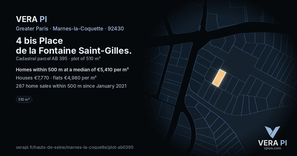 4 bis Place de la Fontaine Saint-Gilles, Marnes-la-Coquette at night – the plot lit, the parcels around coloured by the prices near them
