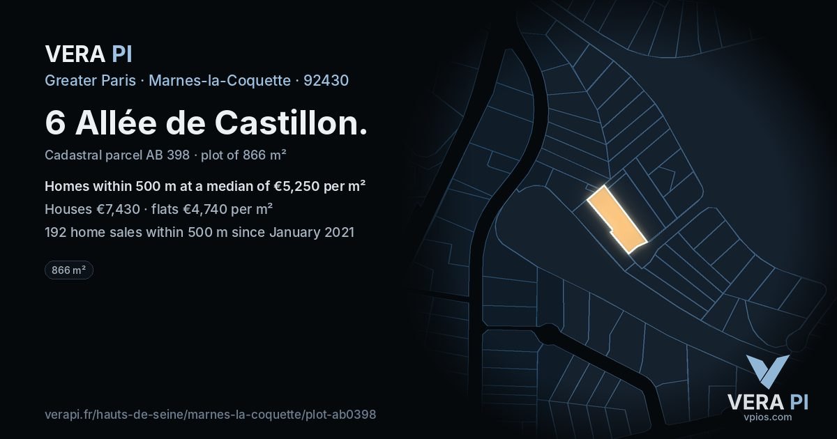 6 Allée de Castillon, Marnes-la-Coquette at night – the plot lit, the parcels around coloured by the prices near them
