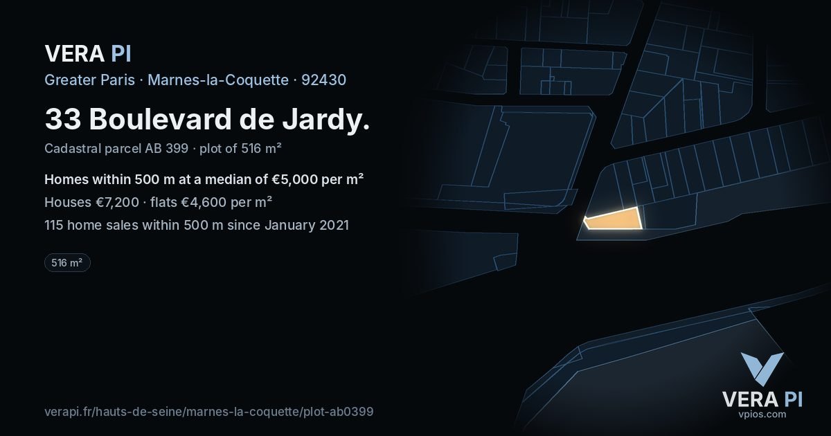 33 Boulevard de Jardy, Marnes-la-Coquette at night – the plot lit, the parcels around coloured by the prices near them