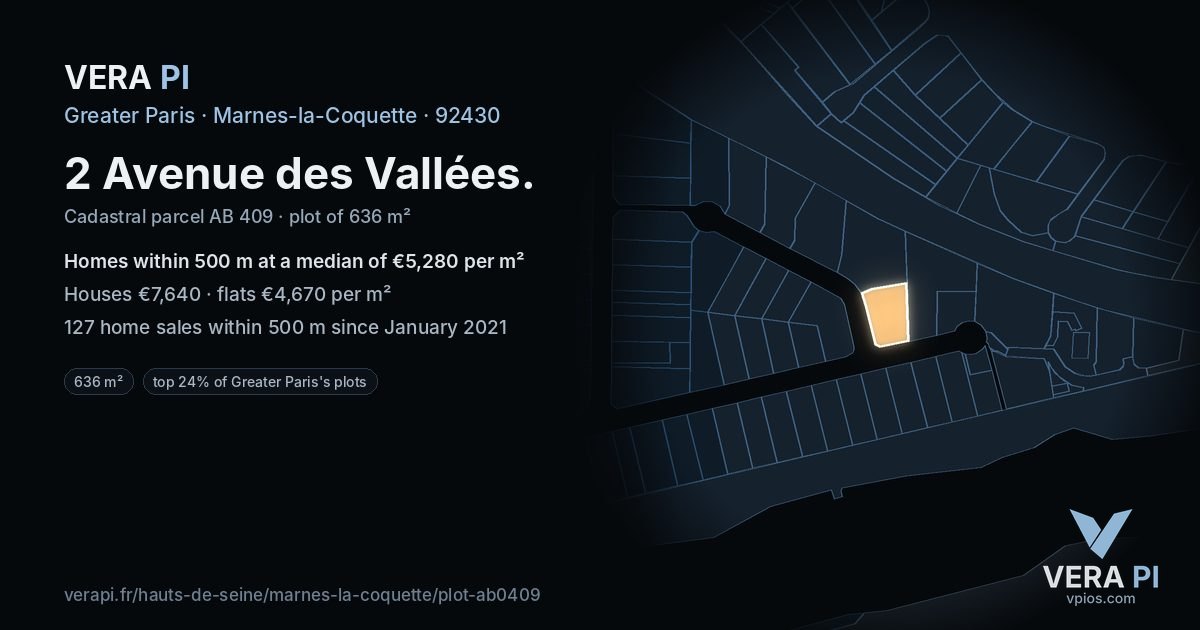 2 Avenue des Vallées, Marnes-la-Coquette at night – the plot lit, the parcels around coloured by the prices near them