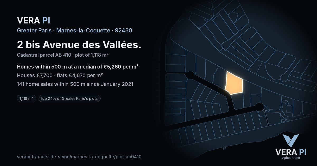 2 bis Avenue des Vallées, Marnes-la-Coquette at night – the plot lit, the parcels around coloured by the prices near them