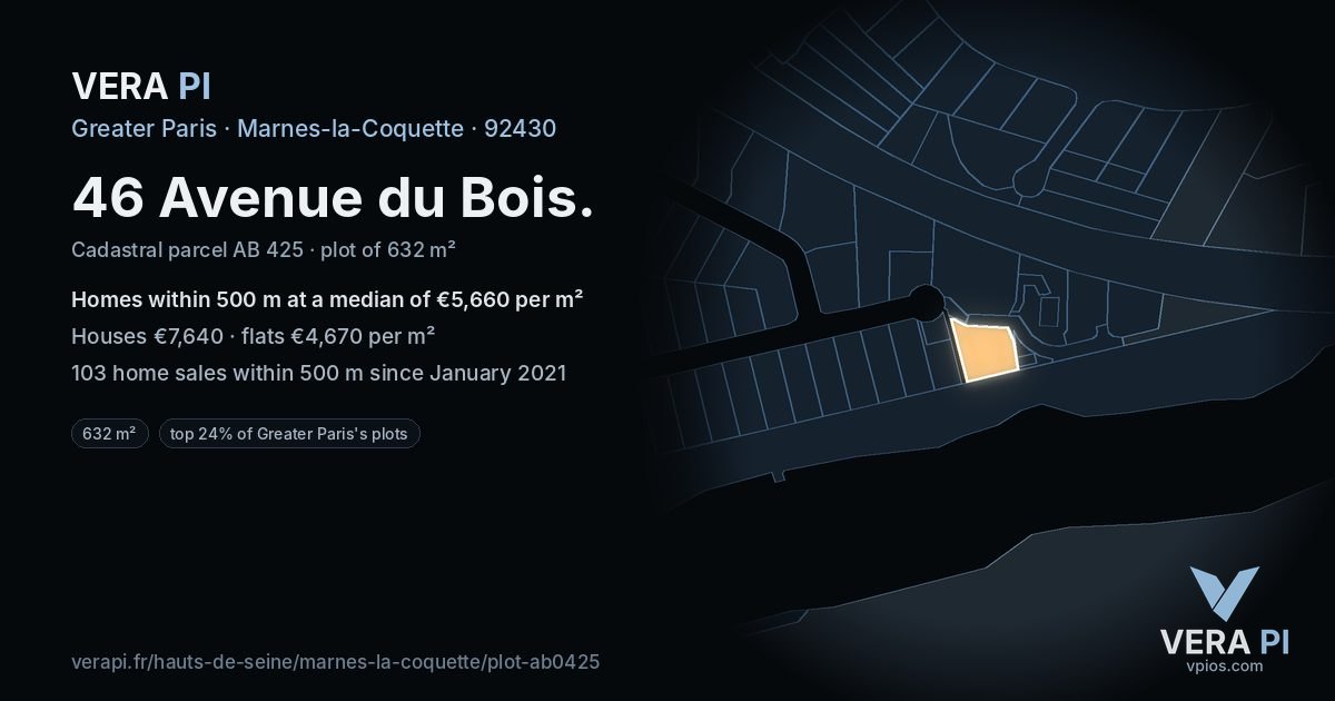 46 Avenue du Bois, Marnes-la-Coquette at night – the plot lit, the parcels around coloured by the prices near them