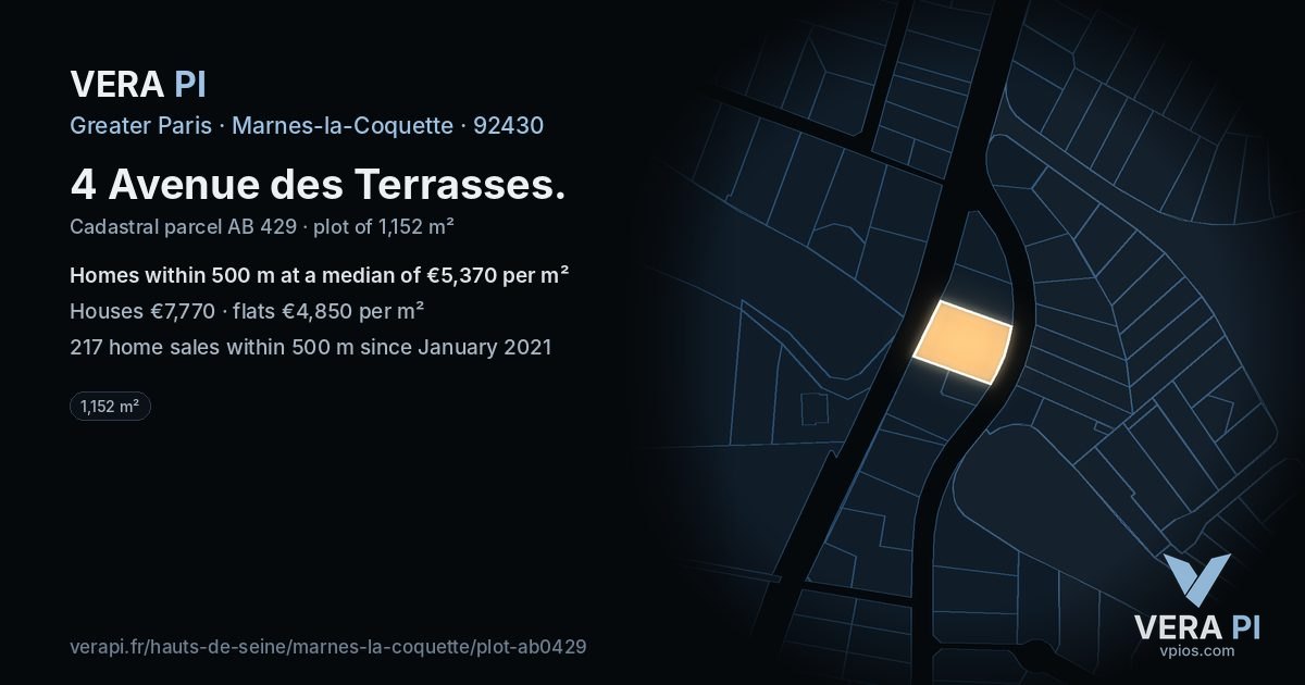 4 Avenue des Terrasses, Marnes-la-Coquette at night – the plot lit, the parcels around coloured by the prices near them