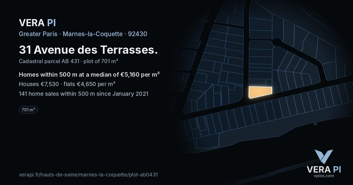 31 Avenue des Terrasses, Marnes-la-Coquette at night – the plot lit, the parcels around coloured by the prices near them