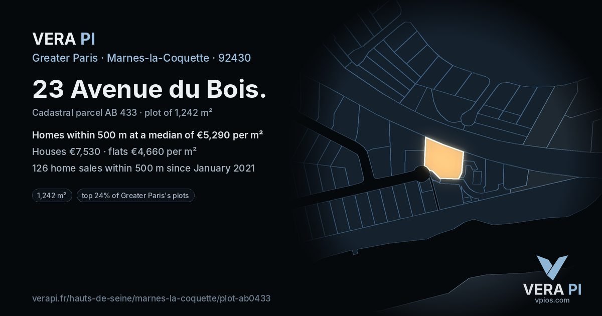 23 Avenue du Bois, Marnes-la-Coquette at night – the plot lit, the parcels around coloured by the prices near them