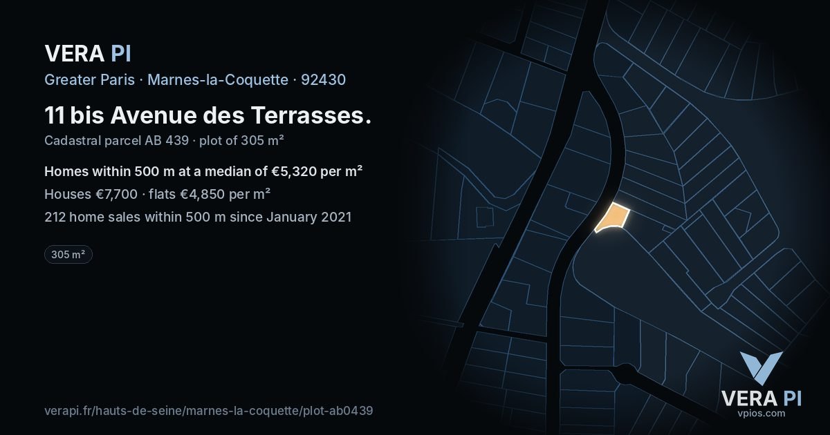 11 bis Avenue des Terrasses, Marnes-la-Coquette at night – the plot lit, the parcels around coloured by the prices near them
