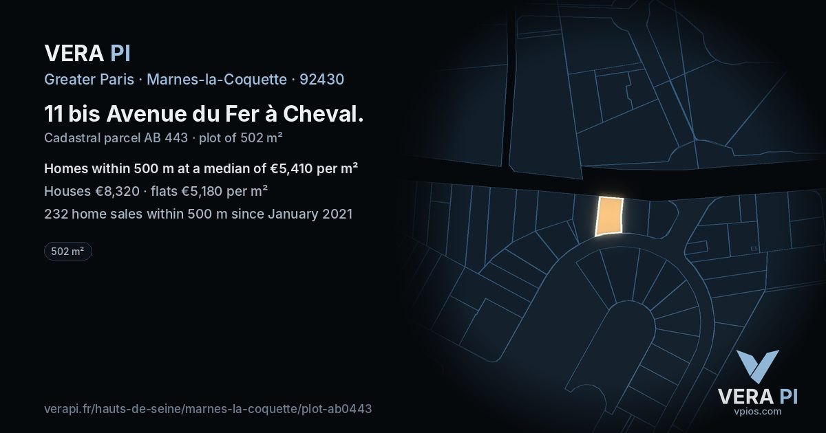 11 bis Avenue du Fer à Cheval, Marnes-la-Coquette at night – the plot lit, the parcels around coloured by the prices near them