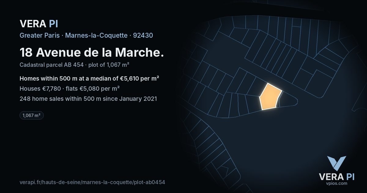 18 Avenue de la Marche, Marnes-la-Coquette at night – the plot lit, the parcels around coloured by the prices near them