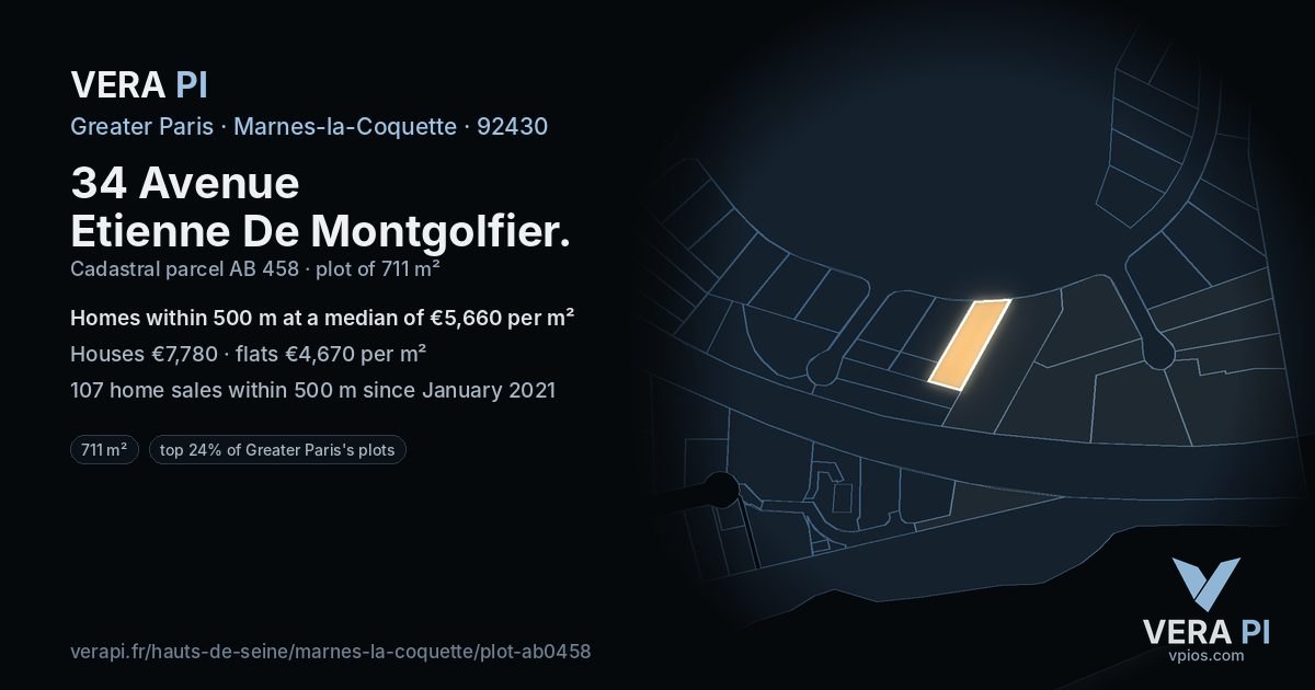 34 Avenue Etienne De Montgolfier, Marnes-la-Coquette at night – the plot lit, the parcels around coloured by the prices near them
