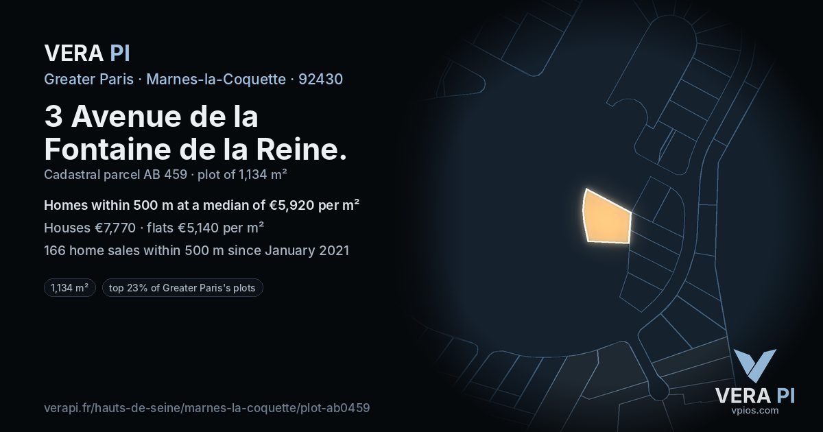 3 Avenue de la Fontaine de la Reine, Marnes-la-Coquette at night – the plot lit, the parcels around coloured by the prices near them