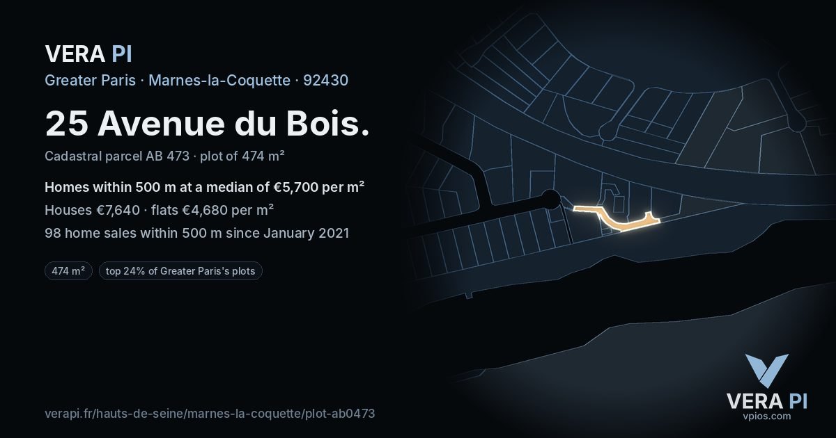 25 Avenue du Bois, Marnes-la-Coquette at night – the plot lit, the parcels around coloured by the prices near them
