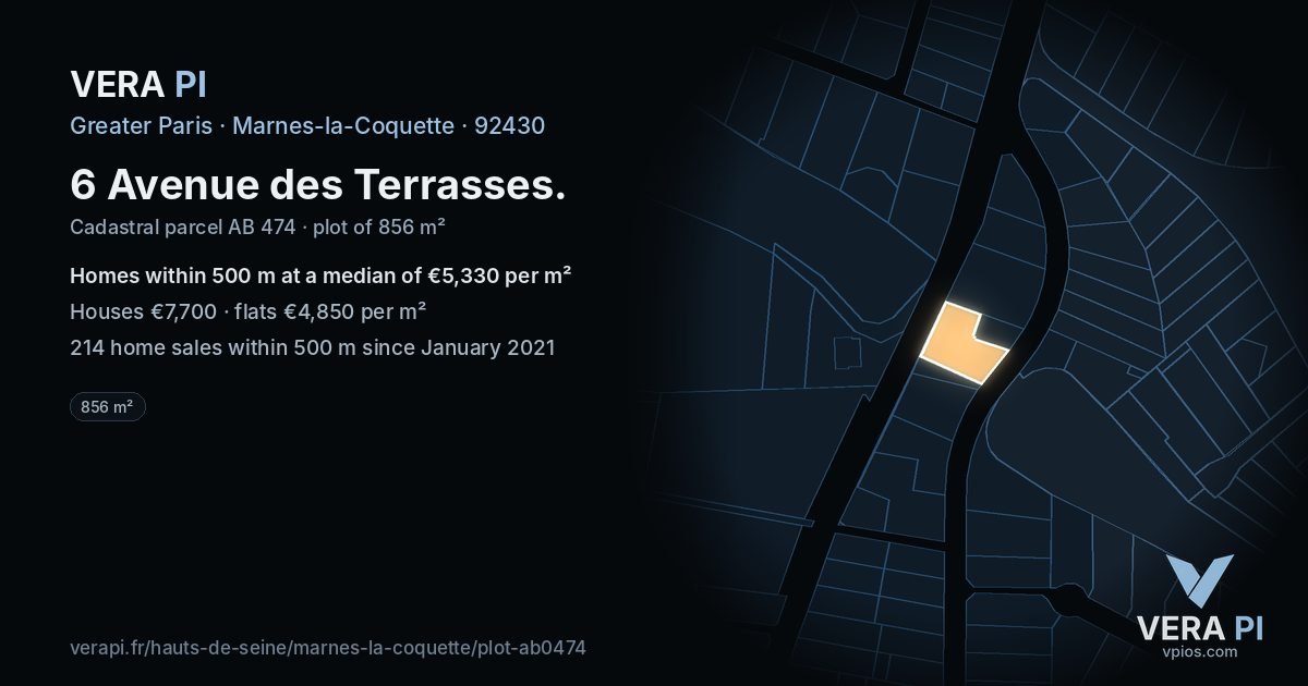 6 Avenue des Terrasses, Marnes-la-Coquette at night – the plot lit, the parcels around coloured by the prices near them