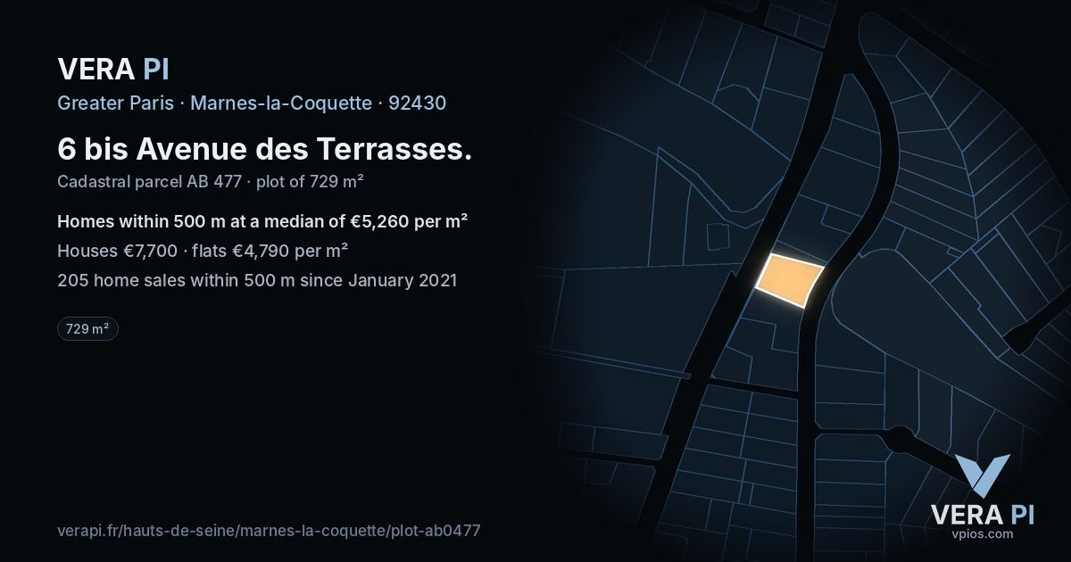6 bis Avenue des Terrasses, Marnes-la-Coquette at night – the plot lit, the parcels around coloured by the prices near them