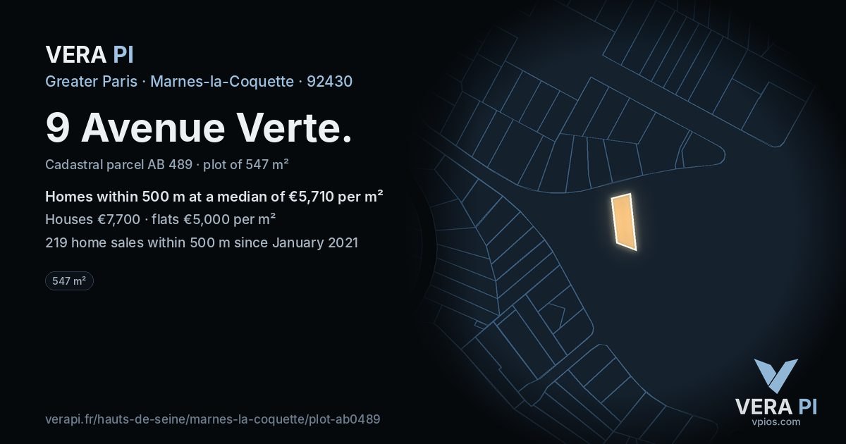 9 Avenue Verte, Marnes-la-Coquette at night – the plot lit, the parcels around coloured by the prices near them