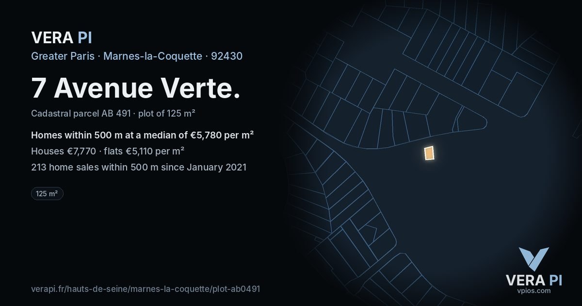 7 Avenue Verte, Marnes-la-Coquette at night – the plot lit, the parcels around coloured by the prices near them