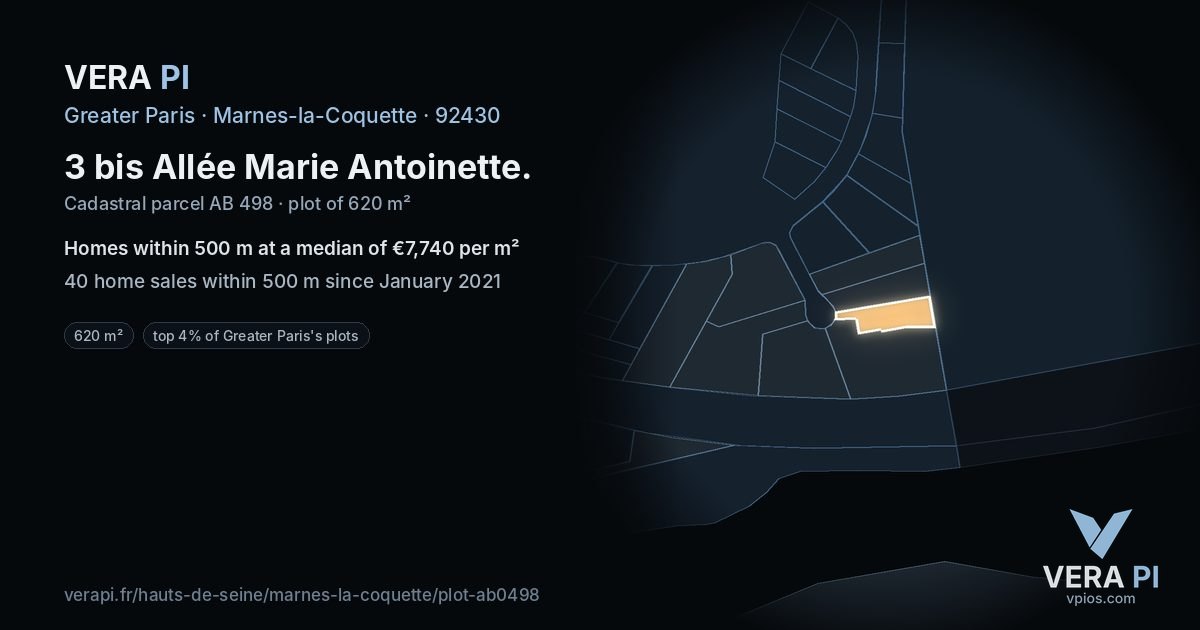 3 bis Allée Marie Antoinette, Marnes-la-Coquette at night – the plot lit, the parcels around coloured by the prices near them