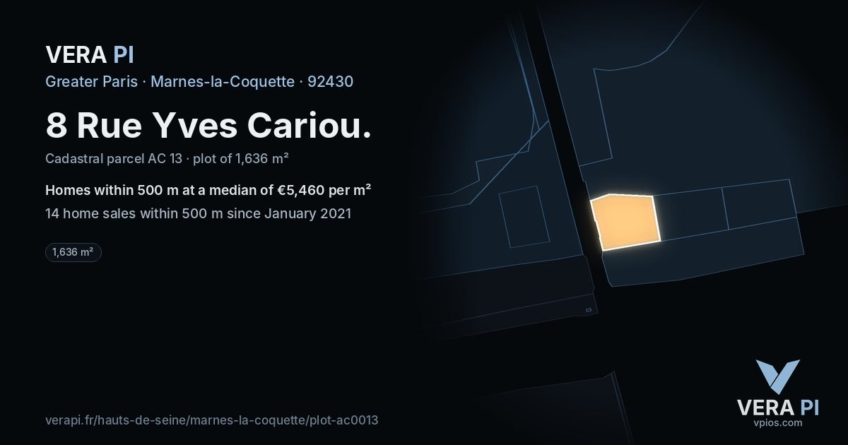 8 Rue Yves Cariou, Marnes-la-Coquette at night – the plot lit, the parcels around coloured by the prices near them