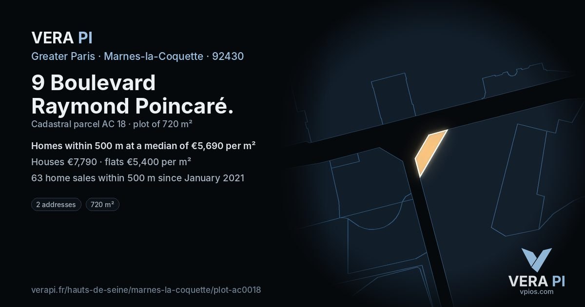 9 Boulevard Raymond Poincaré, Marnes-la-Coquette at night – the plot lit, the parcels around coloured by the prices near them