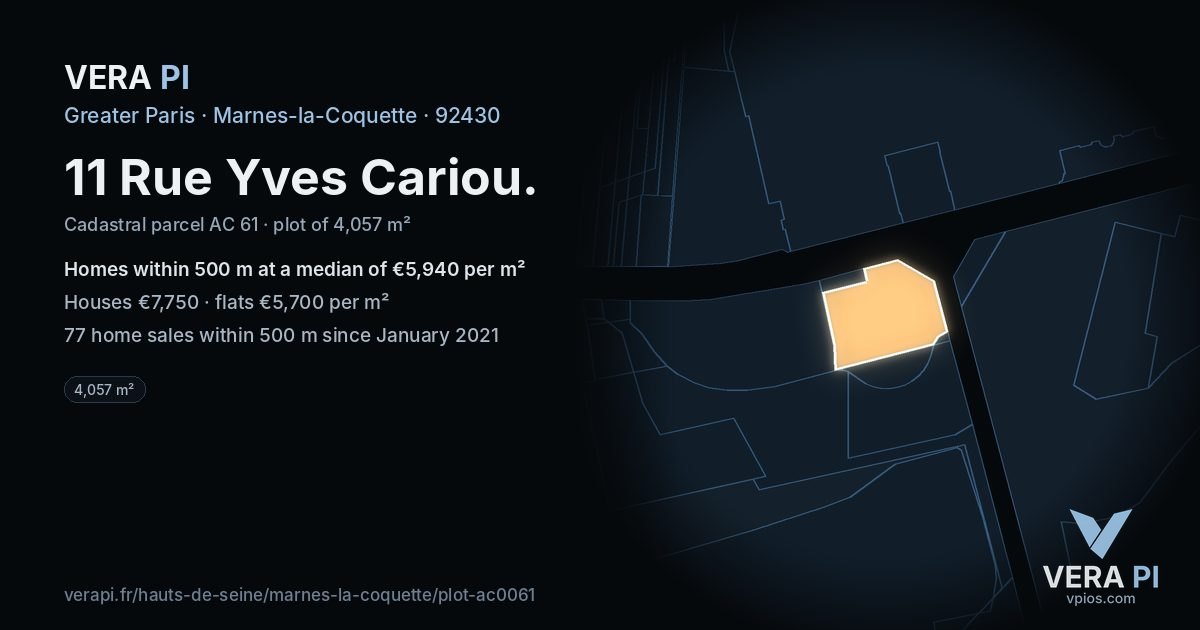 11 Rue Yves Cariou, Marnes-la-Coquette at night – the plot lit, the parcels around coloured by the prices near them