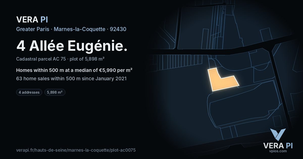 4 Allée Eugénie, Marnes-la-Coquette at night – the plot lit, the parcels around coloured by the prices near them