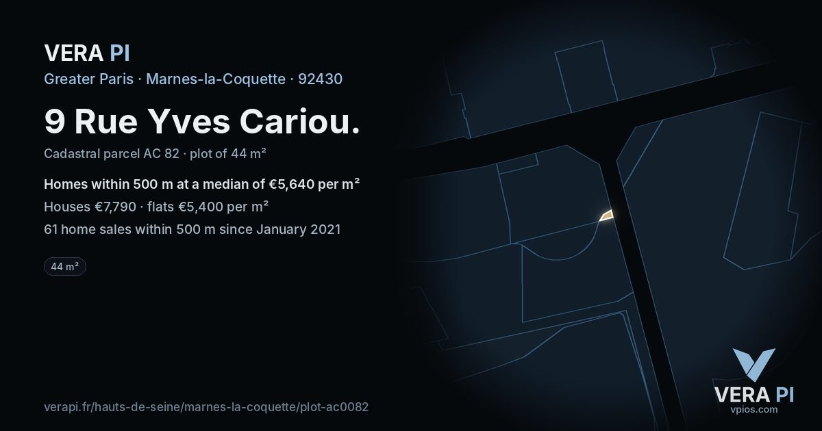 9 Rue Yves Cariou, Marnes-la-Coquette at night – the plot lit, the parcels around coloured by the prices near them