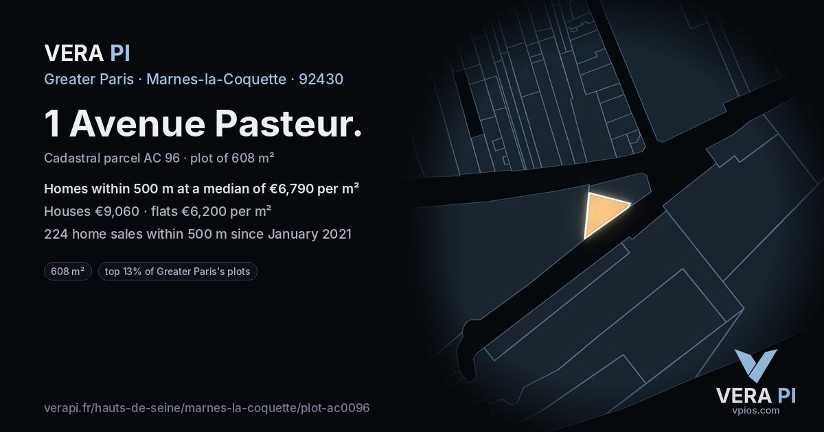 1 Avenue Pasteur, Marnes-la-Coquette at night – the plot lit, the parcels around coloured by the prices near them